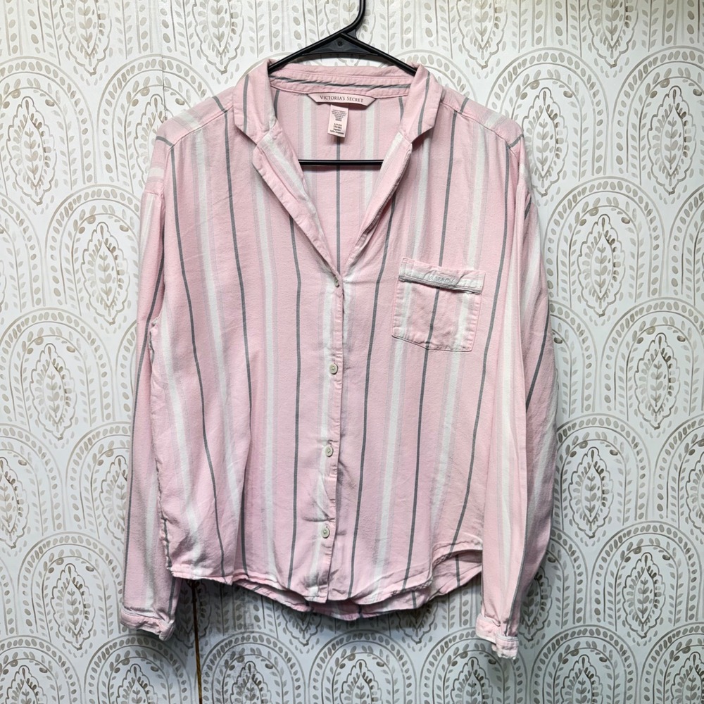 Victoria's Secret Pajama Top Womens Small Pink Striped Cotton Modal Sleep Shirt